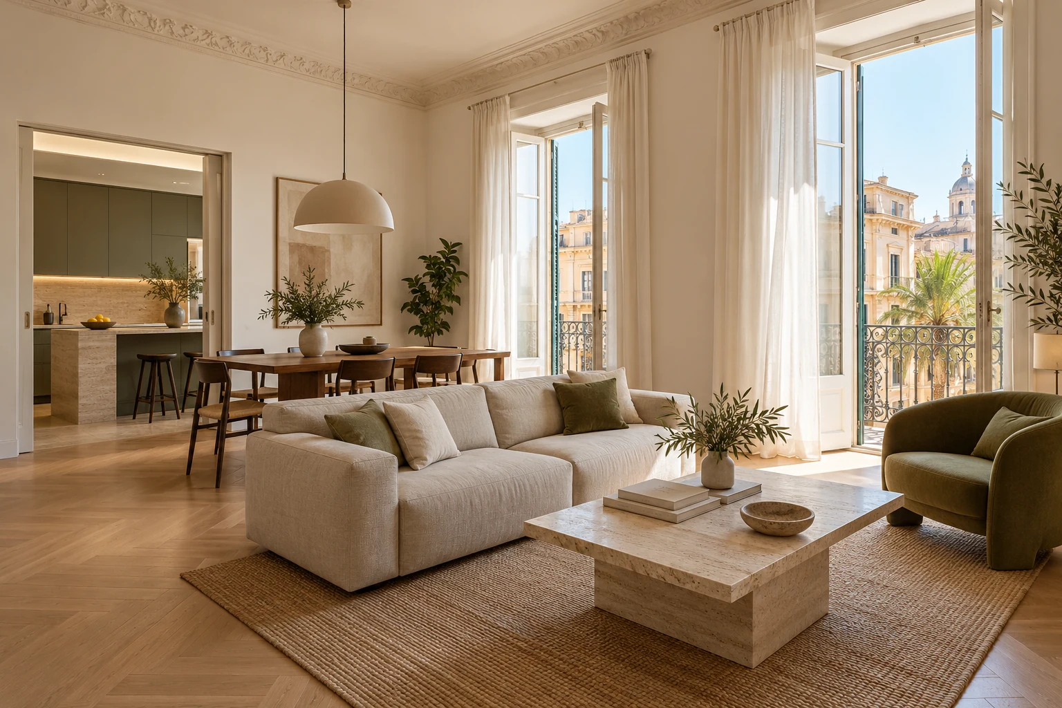 Soggiorno luminoso di un appartamento ristrutturato, con parquet e finiture contemporanee